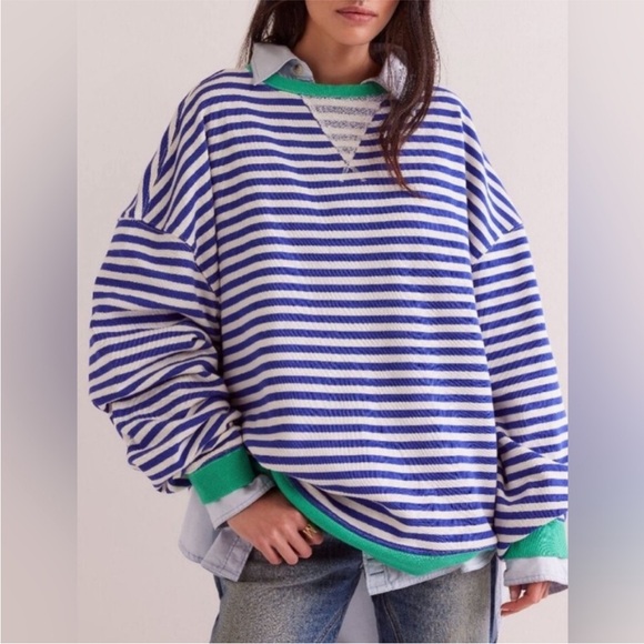 Free People Tops - NEW Free People Classic Striped Oversized Crewneck Sand dollar combo